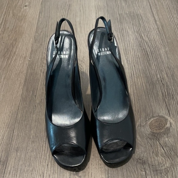 Stuart Weitzman Black Leather Open Toe Slingback